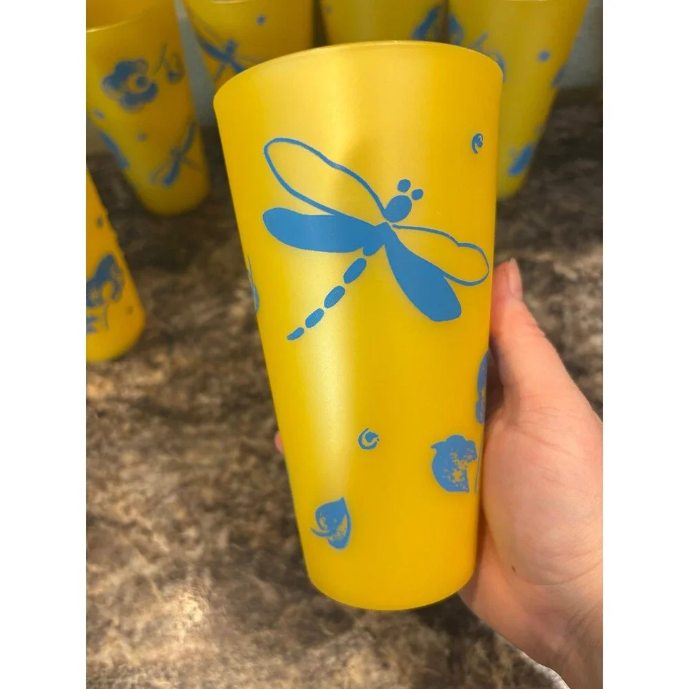 Thermo-serv USA vintage yellow blue dragonfly floral cup tumbler lot 20 oz mcm